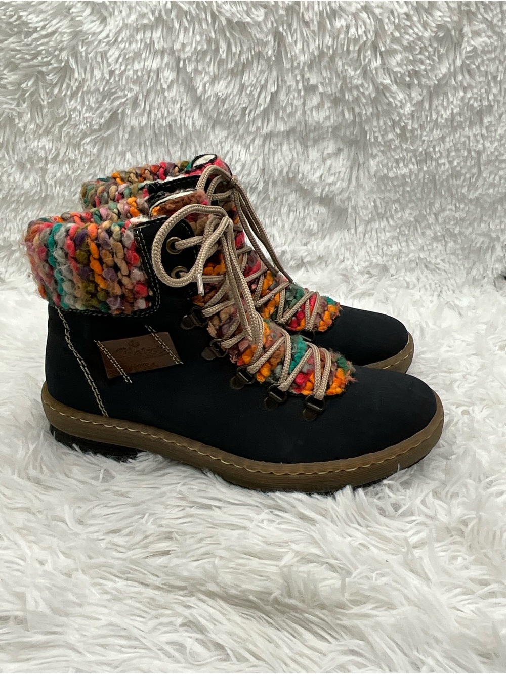 Rieker 1874 Ankle Boots Size EU 39 US 8-8.5 Black Multicolor Knit Collar Lace-up